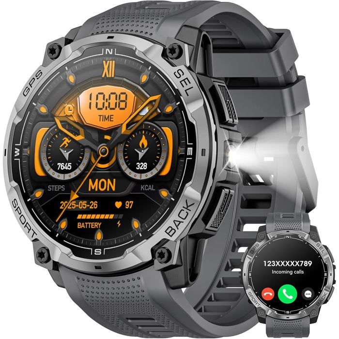 Montre Connectée Homme GPS Militaire 1 43 AMOLED HD Smartwatch Homme avec Appel Bluetooth Lampe LED Boussole(Noir)