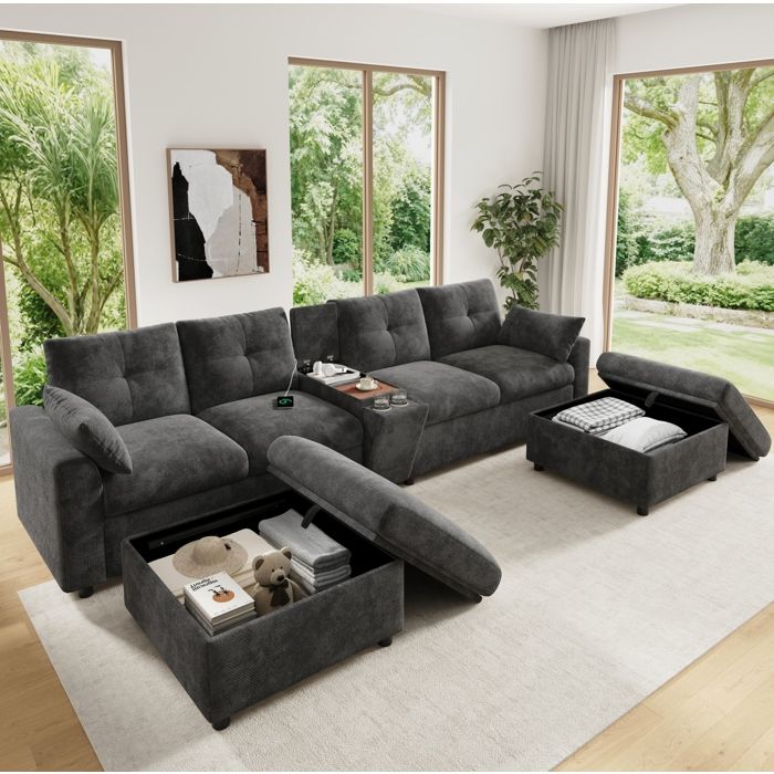 Canape d angle modulable 6 places en chenille grise forme U/L 2 poufs de rangement USB et Type-C