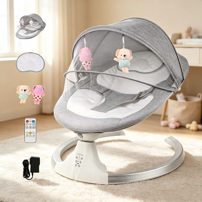 Balancelle Bébé Électrique - Transat Bébé 3 en 1 - 5 Vitesses - avec Télécommande et moustiquaire - Minuterie 3 Réglages - Gris
