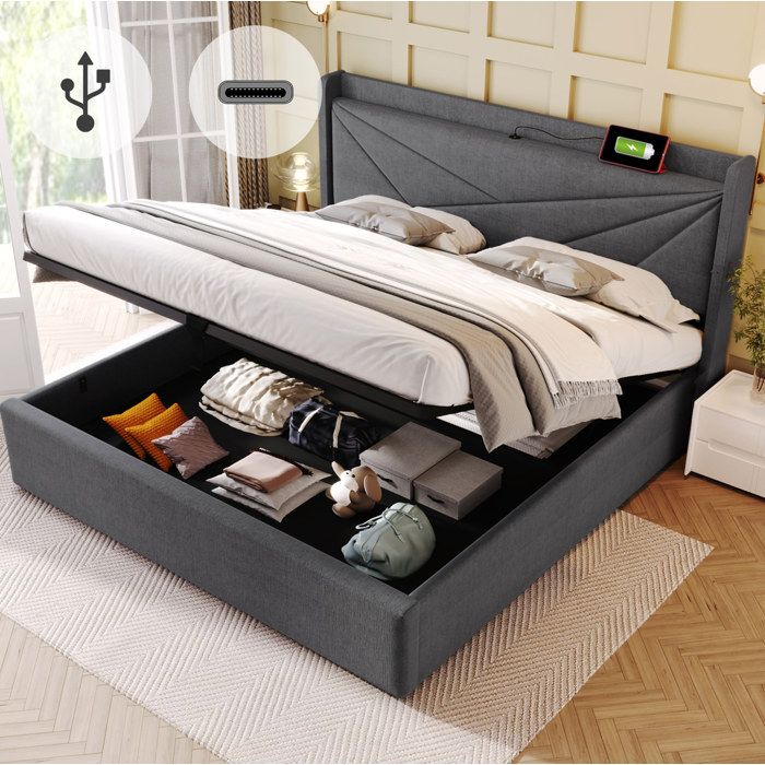 VUENOR Lit coffre 160x200 cm gris – USB Type-C tête de lit avec matelas