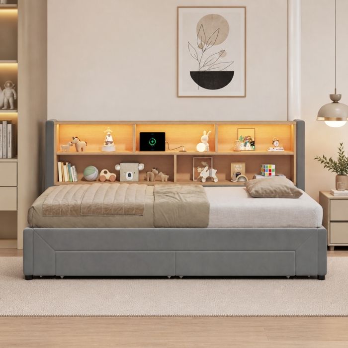 Lit Banquette Extensible 90/180 x 200 cm - en Velours Gris - avec 2 Tiroirs LED USB-C et Rangements