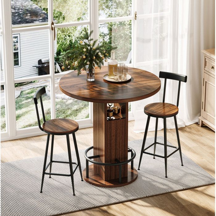 Ensemble table bar 3 pieces - table haute ronde 80 cm avec 2 tabourets - decor noyer