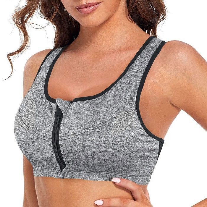 Soutien-gorge Sport Femme 5XL Gris Fermeture Avant Zip Sans Armatures Yoga Fitness Pilates Confort Respirant Séchage Rapide