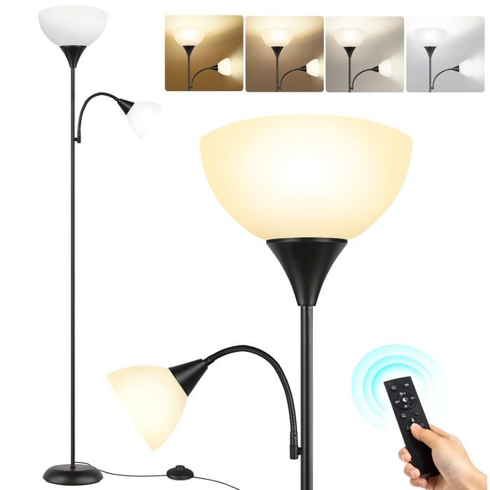Lampadaire LED sur pied avec télécommande et lampe de lecture - 4 températures luminosité réglable minuterie - 182 cm