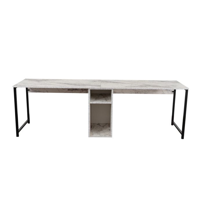 Double bureau avec 2 étagères en bois Twin - 240 x 60 x 74 cm - Blanc marbré