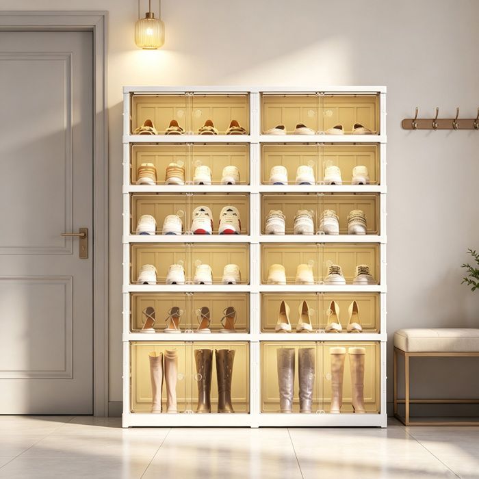 Meuble à chaussures pliable 6 niveaux 87 1x34 5x116 8 cm en PP avec porte magnétique roulettes cachées et espace bottes - Blanc