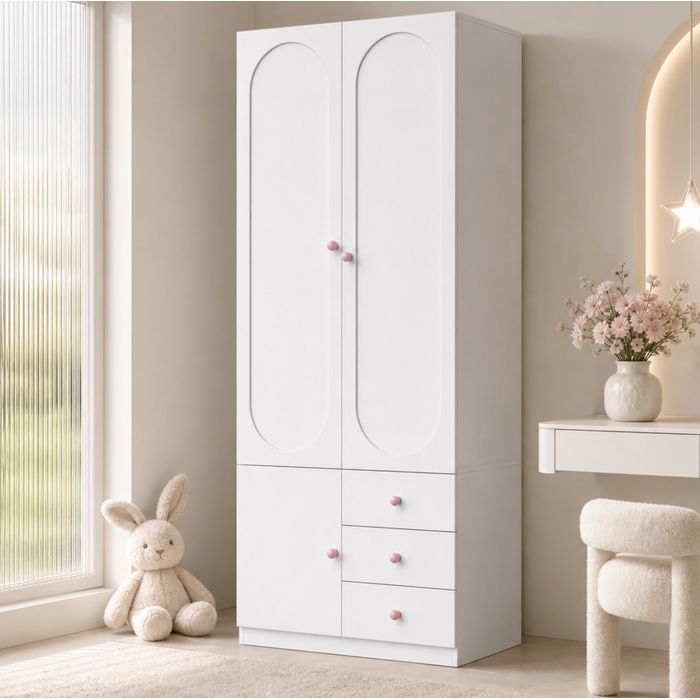 WOVREO Armoire enfant 2 portes 3 tiroirs avec tringle et étagères MDF blanc 80 x 50 x 200 cm