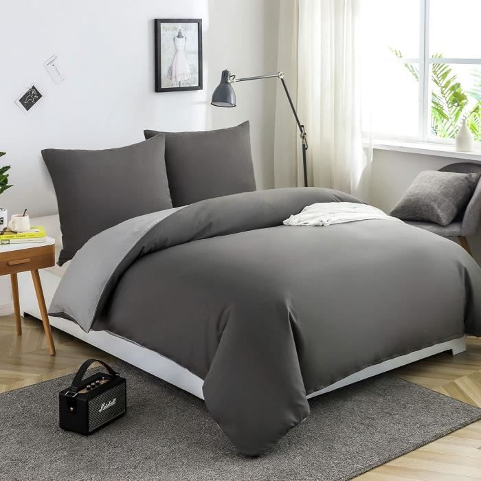 Parure De Lit Satin 3 Pièces: Housse De Couette 220x240 + 2 Taies 65x65 Gris Foncé