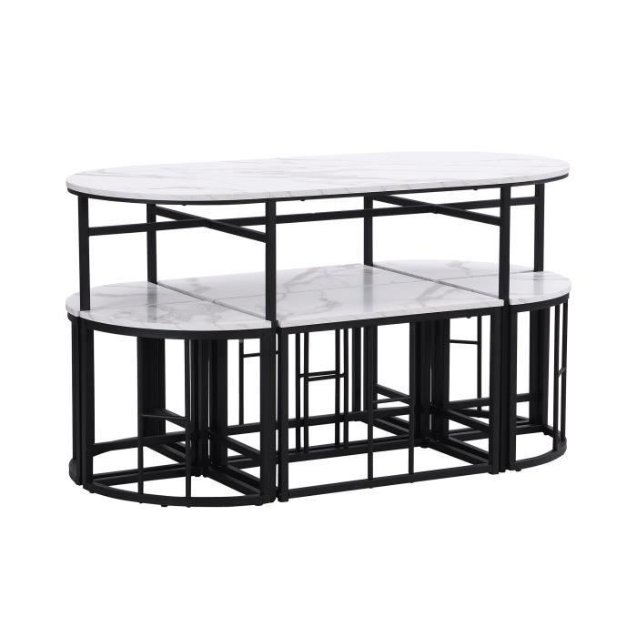 table de salle à manger - groupe de salle à manger avec 6 chaises - siège en mdf blanc et cadre en fer noir