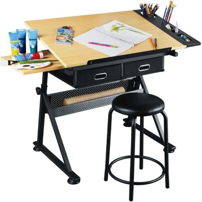 Table A Dessin Inclinable Sans Tabouret Bureau Informatique Avec 2 Tiroirs Hauteur Reglable 80 125 Cm Cdiscount Maison