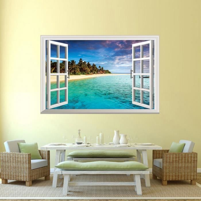 Autocollant Déco Fausse Fenêtre - Motif Aquarelle, Dimensions 58.5x64.1 Cm, PVC Imperméable, Facile à Poser Et à Retirer