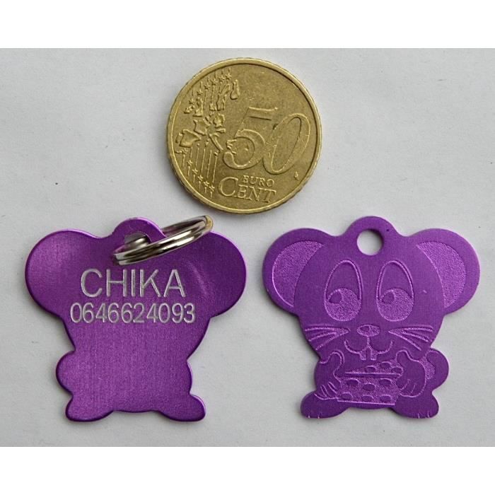 1 MÉDAILLE gravée souris violette pour chat chien personnalisée