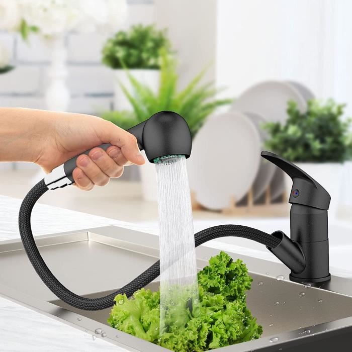 Robinet De Cuisine CECIPA Extensible Noir – Haute Pression, Rotation 360°, Bec Extractible – Installation Facile, Sans Fuite