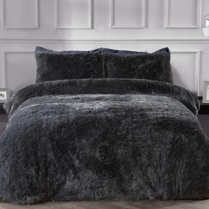 Sleepdown Parure de lit avec Housse de Couette et taie d'oreiller en Polaire pailletée pour lit Simple Gris Anthracite 135 x 200 cm