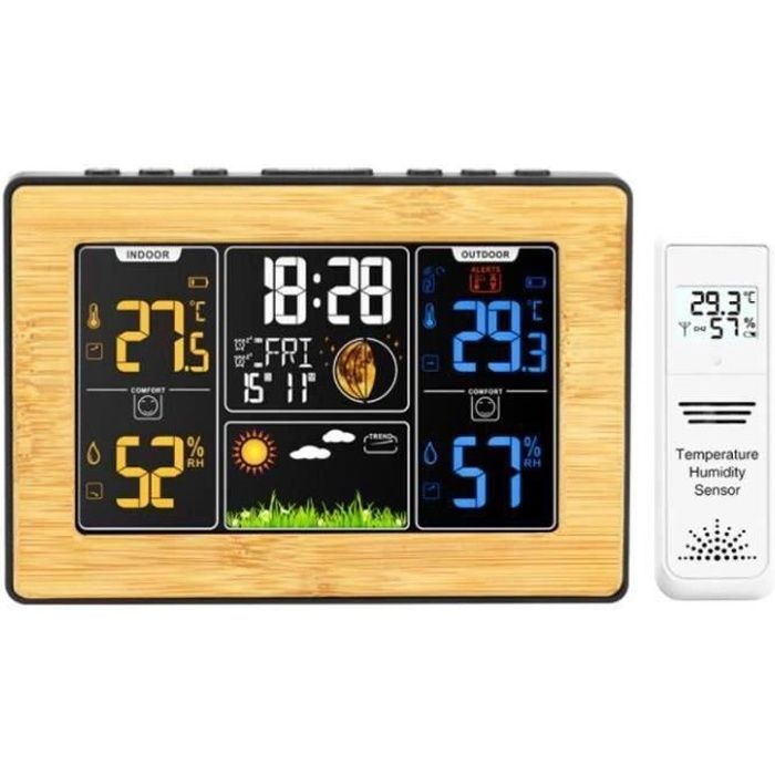 Powstro Station météo avec écran couleur horloge numérique LCD sans fil réveil électronique multifonction avec calendrier perpétuel humidité de la température pour bureau noir