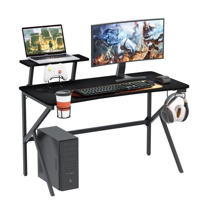 Bureau Gamer KESSER 100x60cm - Forme Z - Revêtement Carbone - Porte-Gobelet Et Crochet Casque - Blanc