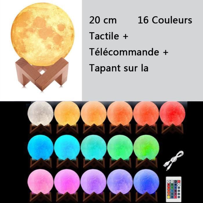 Lampe de nuit - Lune - 20 cm - 16 Couleurs - Tactile - Rechargeable USB