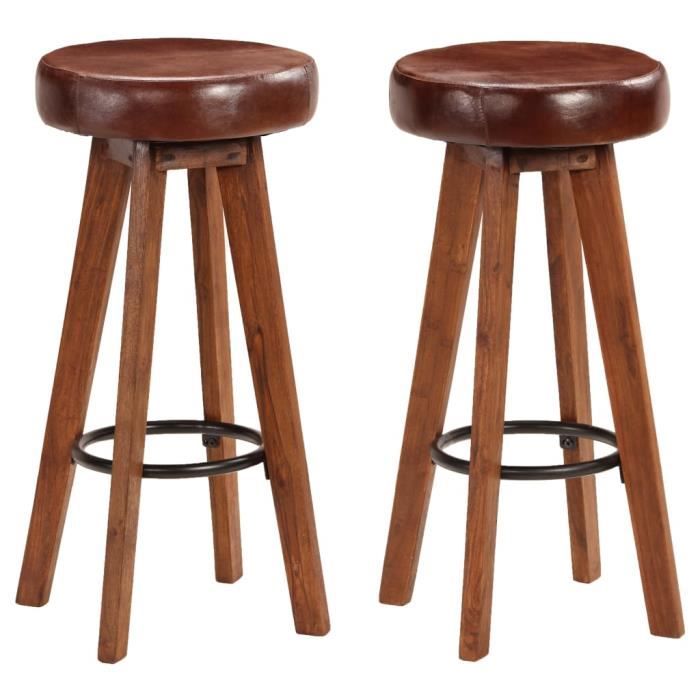 chaises de bar en cuir véritable et bois d'acacia solide - cuque - lot de 2 - marron - intérieur