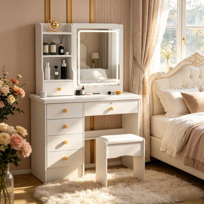 Coiffeuse avec Miroir et Tabouret Confortable - FLASIDU - Table de Maquillage Moderne - 6 Tiroirs - Blanc - 80*36*132CM - Bois
