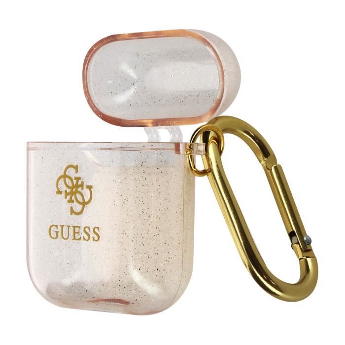 Étui AirPods en Silicone gel Finition pailletée Logo en relief Guess - Doré Rose