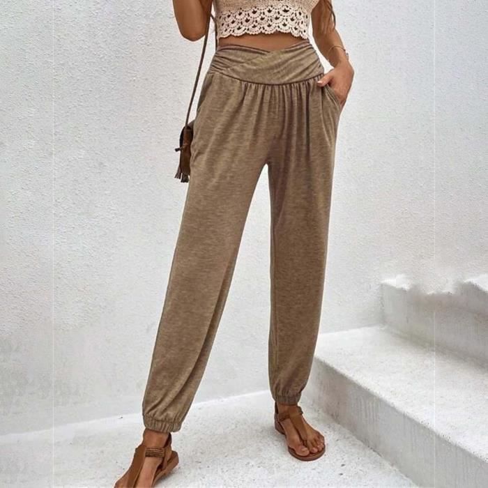 Pantalon femme Sasaquoy Pantalon d contract taille haute coutures crois es avec bretelles et poche sarouel Kaki