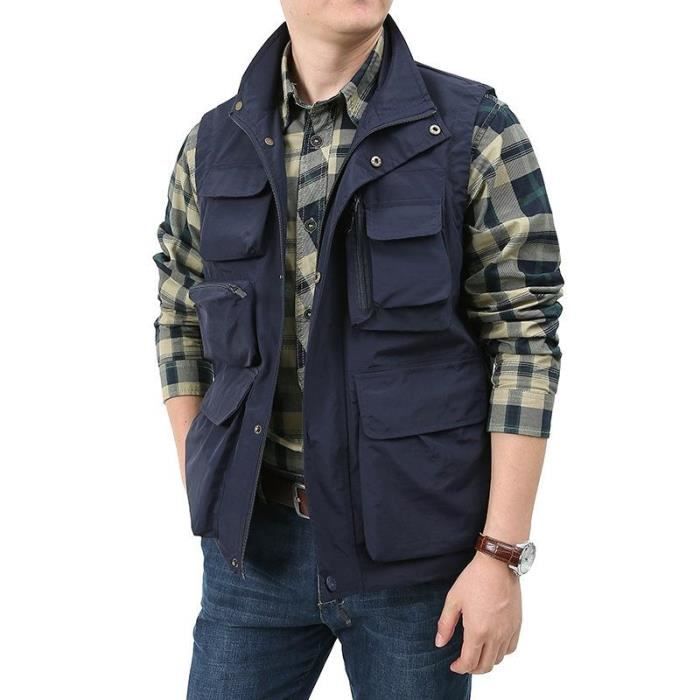 Gilet de Pêche Homme Léger Respirante en Maille Multi-Poches Sans Manches Veste de Travail