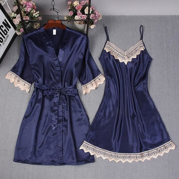 Pyjama en soie long Femmes Robe Robe ensembles Sexy dentelle sommeil salon pyjama a manches longues dames peignoir et nuisette ch Bleu Cdiscount Pret a Porter
