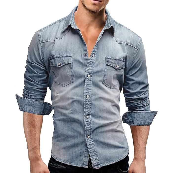 Chemise Chemise en Denim a manches longues pour homme jean Slim en coton mode automne 2020 light blue Blanc Cdiscount Pret a Porter