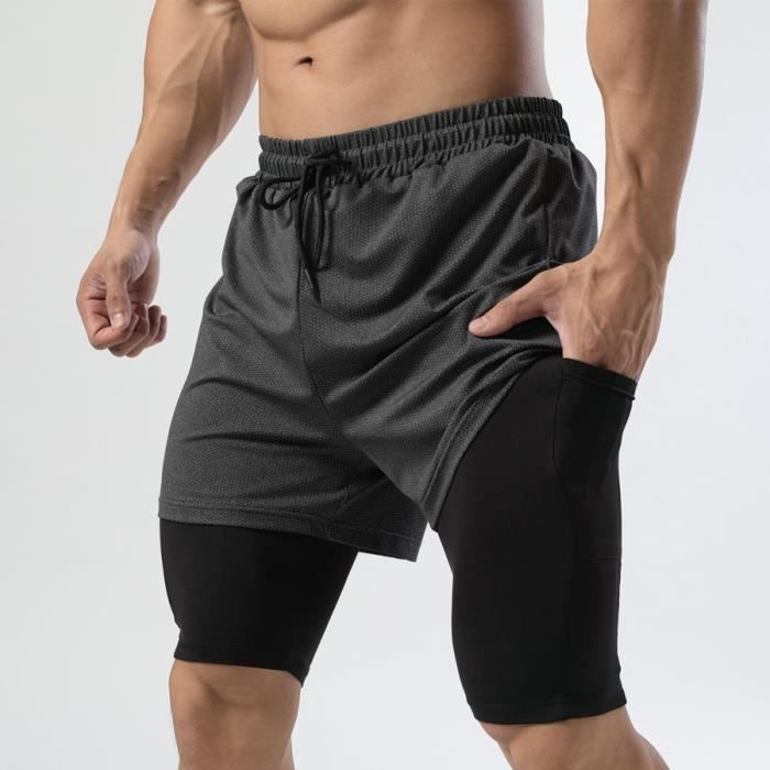 Short de Running Homme 2 en 1 Noir - Respirant et Confortable - Taille  Elastique - Pour Fitness et Course à Pied Noir - Cdiscount Sport