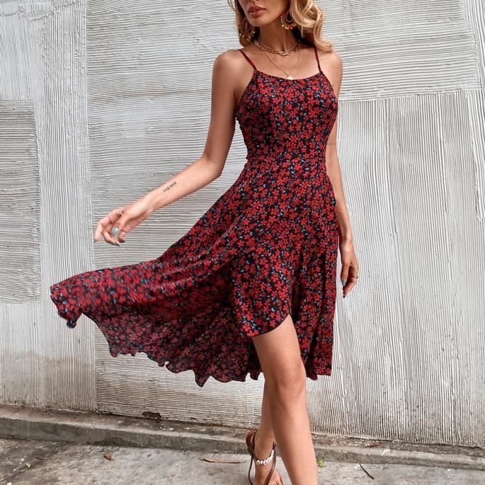 Femme Robe d'été Mi-Longue à Bretelles Floral Robe sans Manches Fermeture  éclair Sexy-Rouge