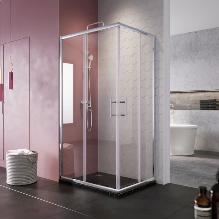 120x120x185cm Cabine de douche Entrée d'angle - Installation réversible - Porte coulissante - Verre 6mm - Profils An aluminium