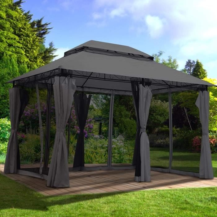 Tonnelle Jardin Devoko 3x4m - Aluminium - Toit PC UV50+ - Imperméable - Gris