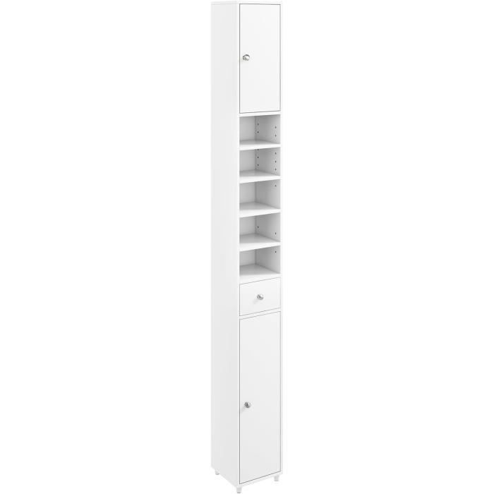 Armoire Salle De Bain Haute 180 Cm - 2 Portes, 1 Tiroir, 5 étagères Réglables, Blanc, Pour Petits Espaces - 10