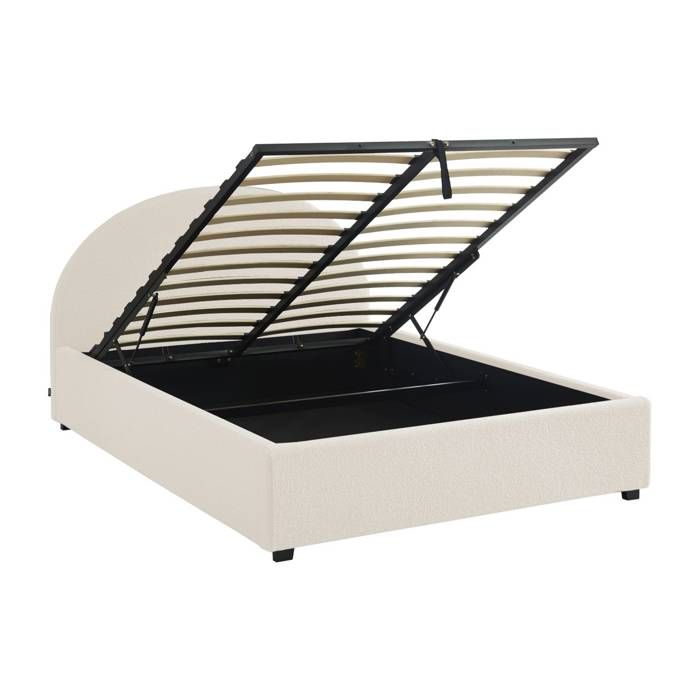 Lit coffre avec sommier à lattes et tête de lit. finition bouclette. blanc. L 206 x P 153.5 x H 102cm