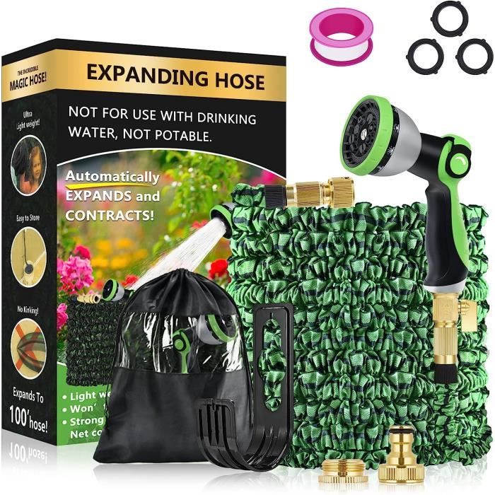 Tuyau D’Arrosage Extensible 30m – 3X Plus Long Avec Buse 10 Fonctions, Raccords Laiton 1/2" & 3/4", Latex 4 Couches Ultra-Résistant – Idéal Jardin, Lavage Voiture & Animaux