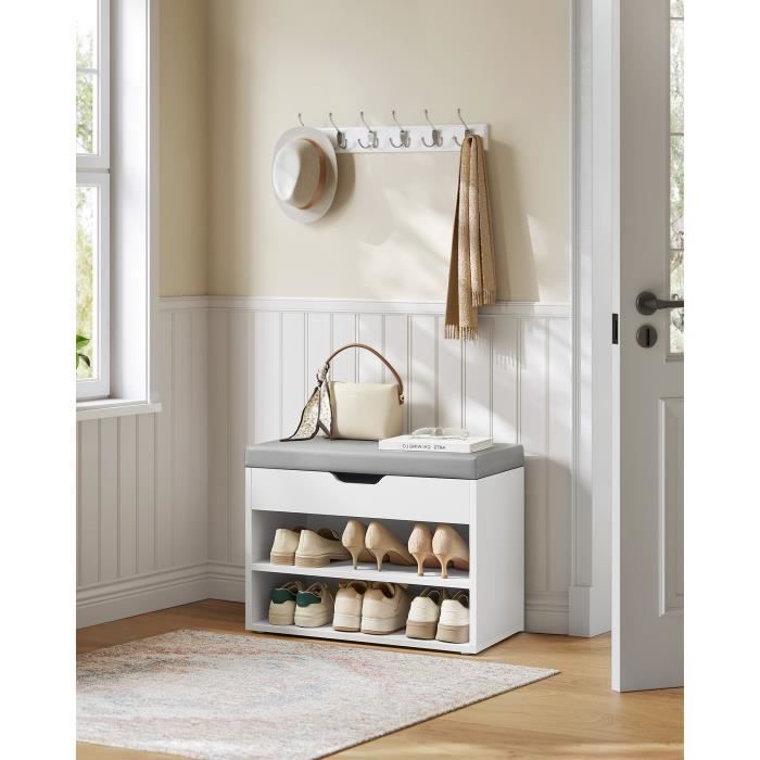 Meuble à Chaussures avec 3 Compartiments et Assise Rembourrée 30 x 60 x 44 cm pour Entrée Chambre Salon Blanc Nuage