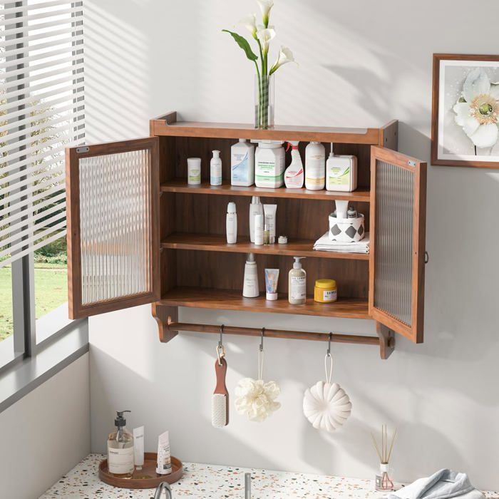Armoire Murale Vintage Porte Vitrée 63x60x18 Cm - Meuble Rangement Salle De Bain Cuisine