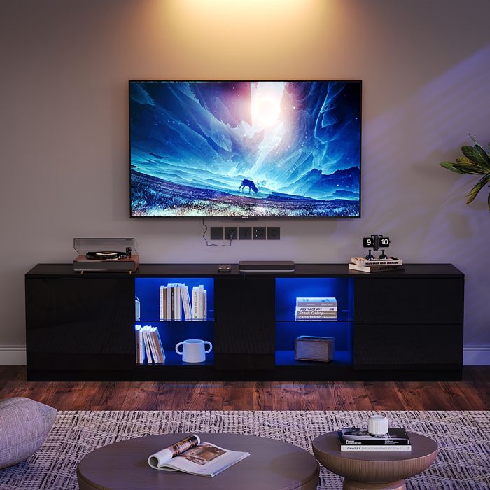 SONNI Meuble TV Blanc LED 120x40x45cm Meuble tele Avec 2 Compartiments et 1 porte en bois Armoire Basse avec éclairage LED Brillant Armoire TV