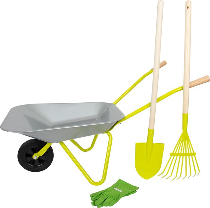 Lot de 10 brouettes pour enfants - Avec pelle, râteau, fourchette, gants de travail, outils de jardin pour enfants - Avec accessoires - Kit de jardin pour maternelle (A