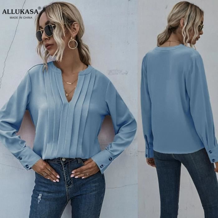 Blouse femme Chemisier femme a manches longues noir Slim Fit tricot avec col en v fete Clubwear elegant dames Type dark blue Blanc Cdiscount Pret a Porter