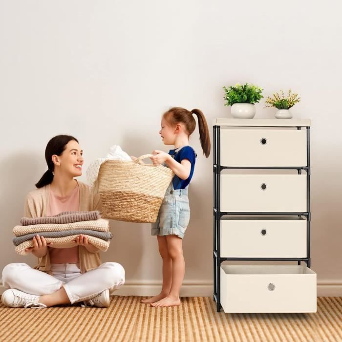 LIANTRAL Commode à 4 Tiroirs En Tissu - Meuble Rangement Chambre, Blanc Cassé, 42x32x84 Cm Commode Légère Dortoir