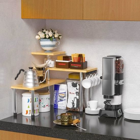 Avilia Étagère d'angle de cuisine en bambou avec 3 étagères et structure en acier – Meuble à épices multifonction avec crochets, idéal pour épices, condiments et ustensiles