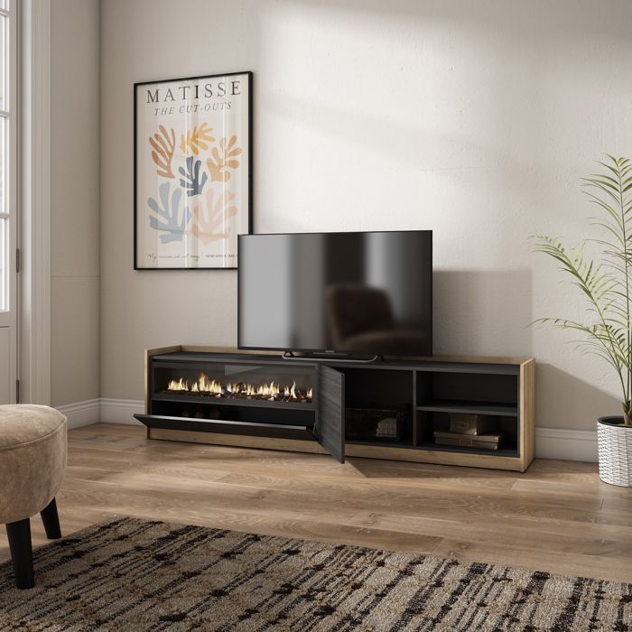 Meuble TV Avec Cheminée Électrique LED Skraut Home - 207x50x37 Cm (Noir/Chêne), Rangement, Pour TV Jusqu'à 80", Style Moderne