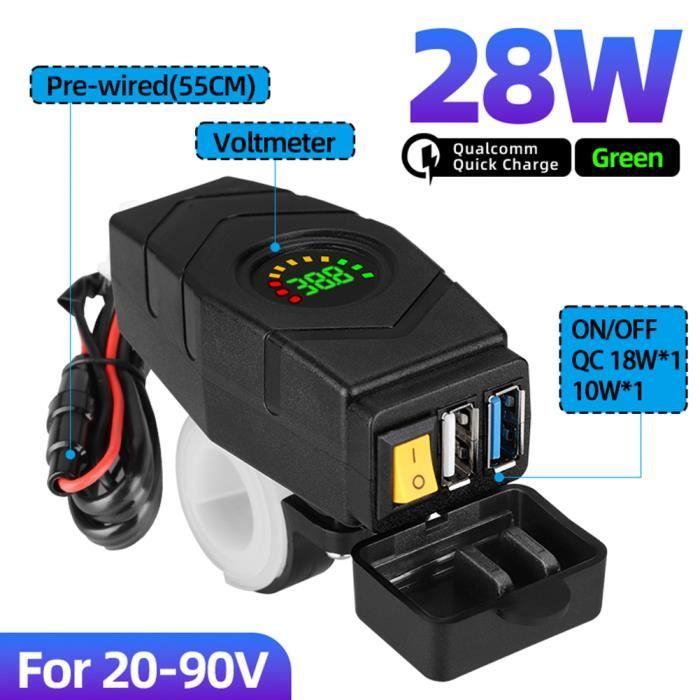 Double Prise USB Voiture QC3.0 étanche IP66 - 12V/24V, Interrupteur Tactile LED, Pour Moto, Camion, Bateau