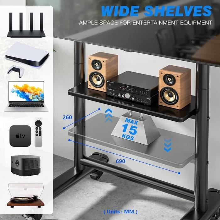 Support TV Mobile Sur Roulettes - Pour écrans 32 à 65 Pouces - Hauteur Réglable Jusqu'à 1,74 M - Capacité 35 Kg - VESA Jusqu'à 400x400 Mm - 7
