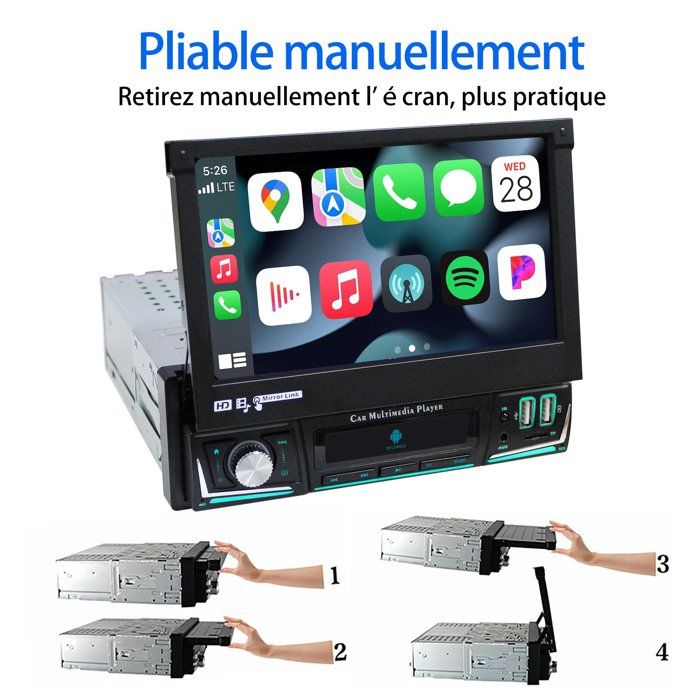 DAB/DAB Car Radio, 1 Din, Apple Carplay with Screen, Android Car Radio with Bluetooth, Hands-Free, 7 Inch Touch Screen, Radio, FM/EQ/SWC Microphone Rear View Camera