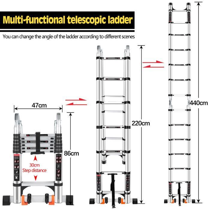 4.4m Echelle Télescopique Échelle Pliable Échelon Escabeau Portable et