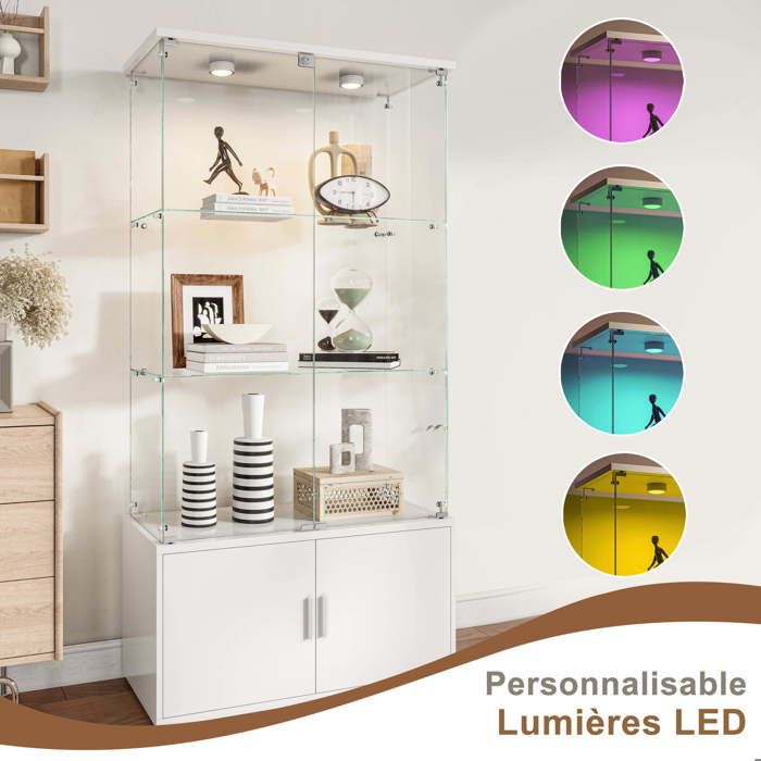 Meuble Vitrine Verre Trempé 3 Étagères avec LED et Rangement | Vitrine ...