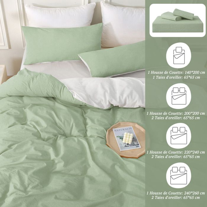 SOULFUL Housse de Couette 240x260 Gaze de Coton, Certifié Oeko-TEX, Vert Réglisse Ensembles de Housse de Couette avec Fermeture Éclair, Parure de Lit Adulte 240x260 cm avec 2 Taie d'oreiller 65x65 cm