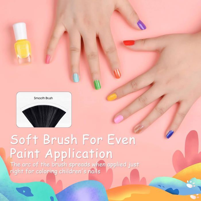 Kit Vernis à Ongles Enfants à Base D'eau - 6 Couleurs + Autocollants Lumineux - Non Toxique, Pelable - Dès 3 Ans - 7
